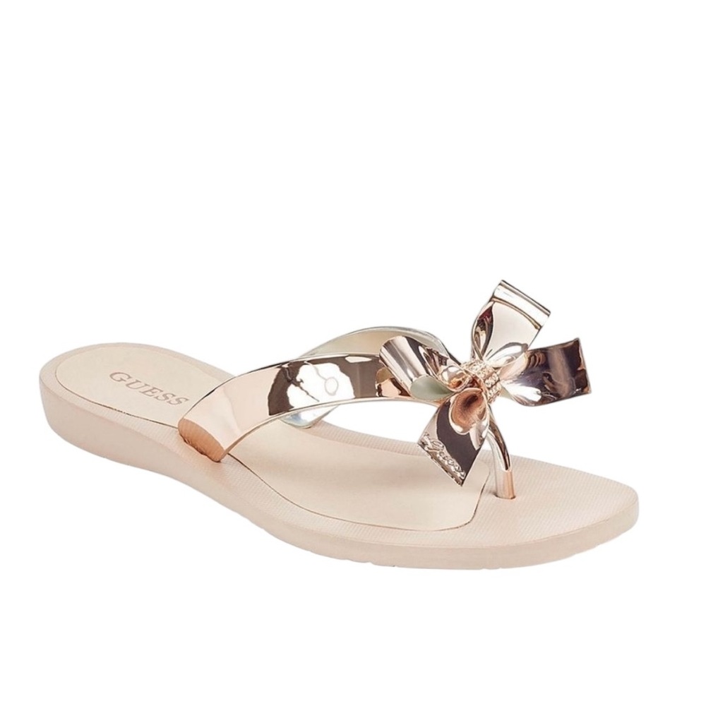 Guess Tutu 9 Rose Gold Metallic Bow Flip Flops - Size 5.5